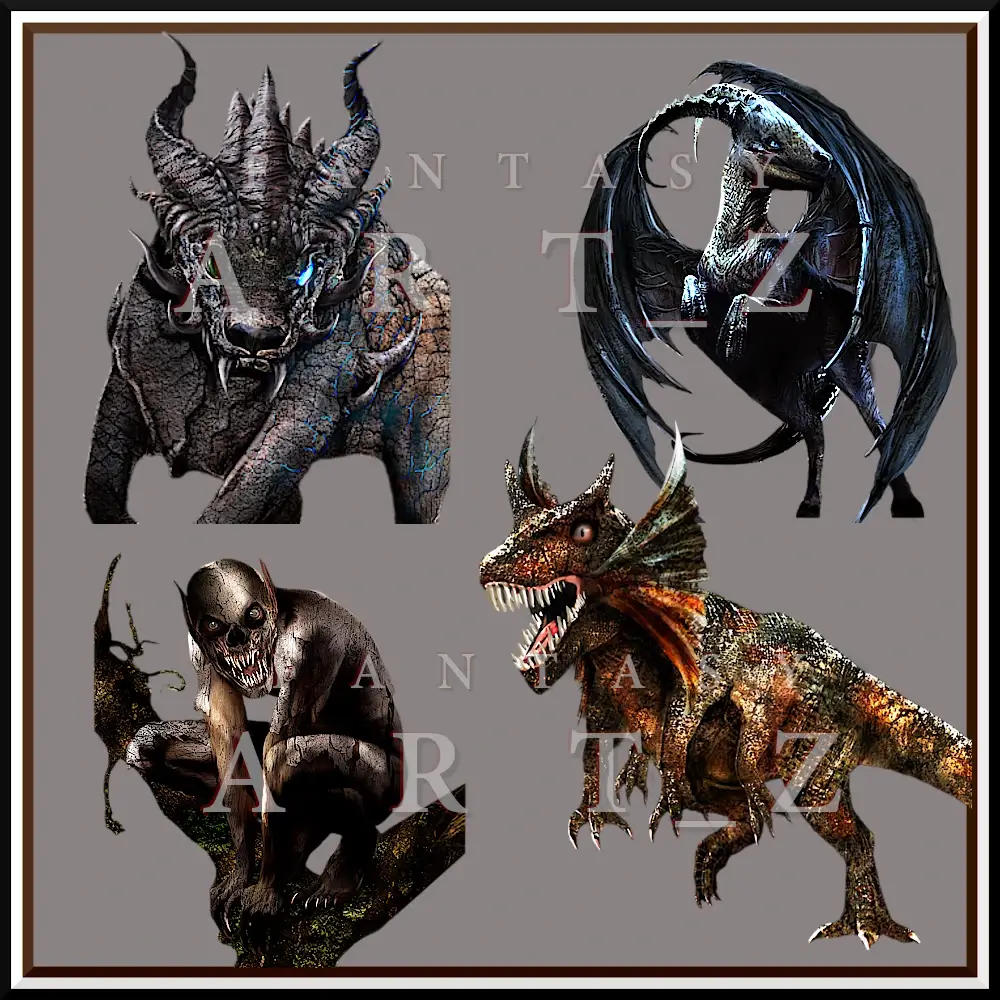 Four fantasy creatures: horned dragon, winged dragon, demonic humanoid, and scaly dragon-beast