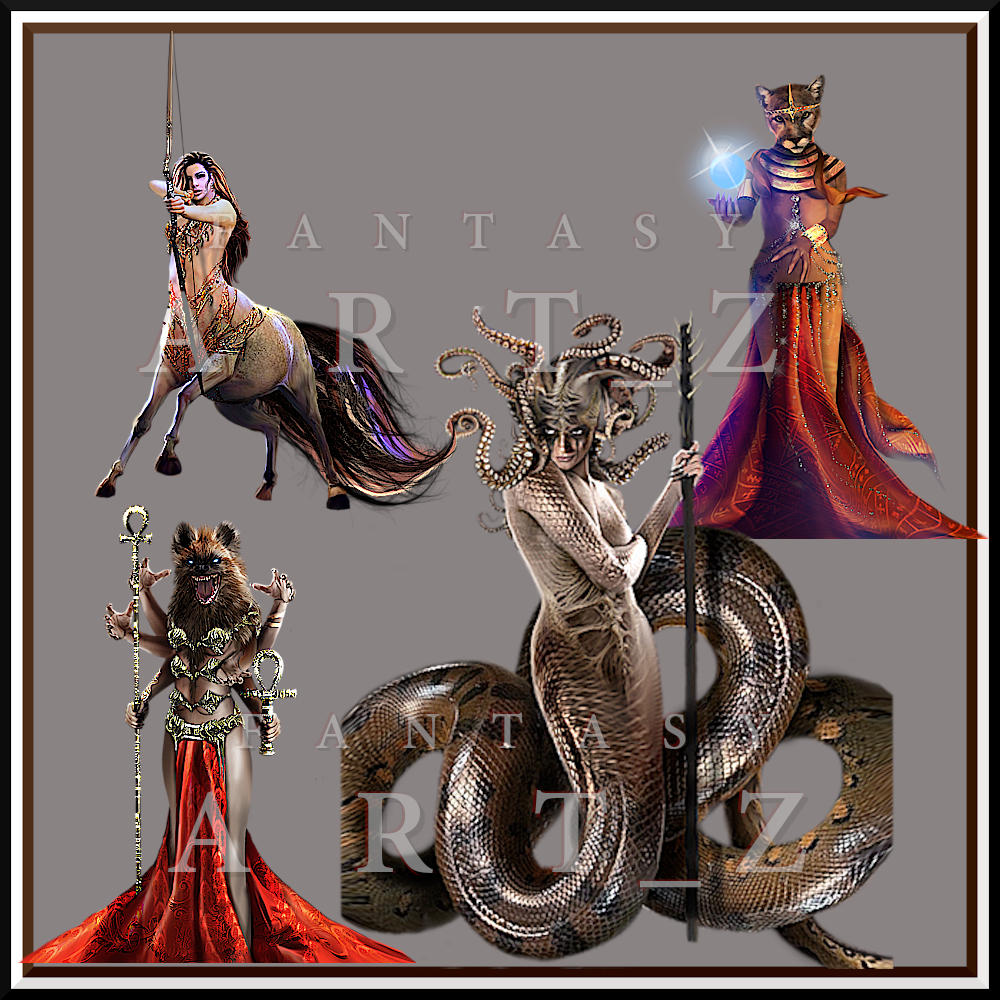 Four fantasy characters: centaur warrior with spear, Egyptian cat goddess with magic orb, demon priestess with staff, and snake-haired medusa