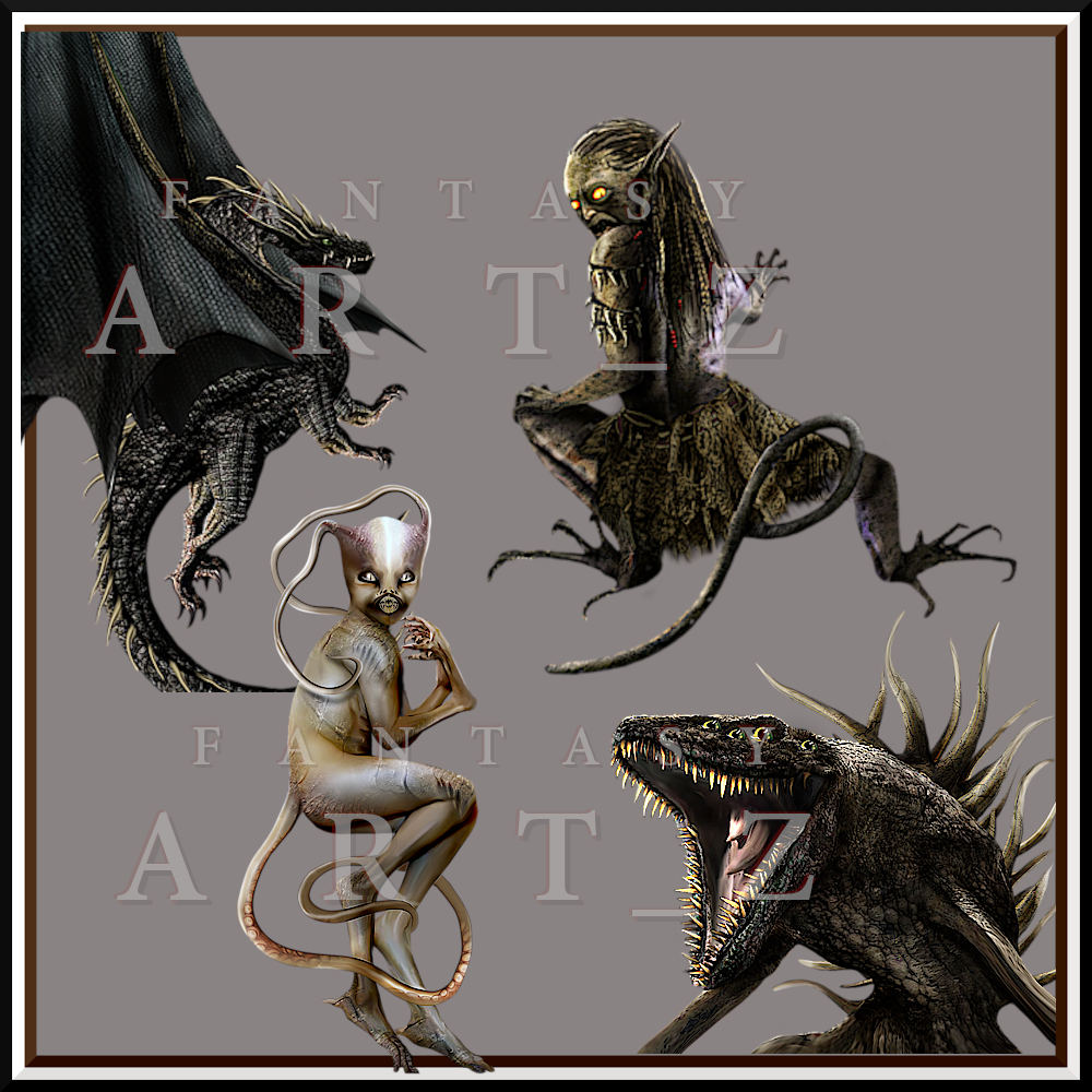Four dark fantasy creatures: black winged dragon, dreadlocked swamp monster, pale alien-like being with tail, and spiky reptilian beast