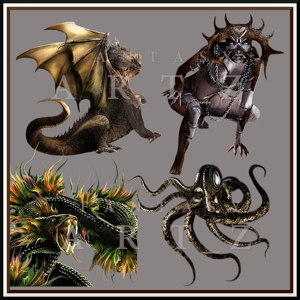 Four fantasy creatures: golden-winged dragon, horned demon warrior, feathered serpent dragon, and tentacled sea monster
