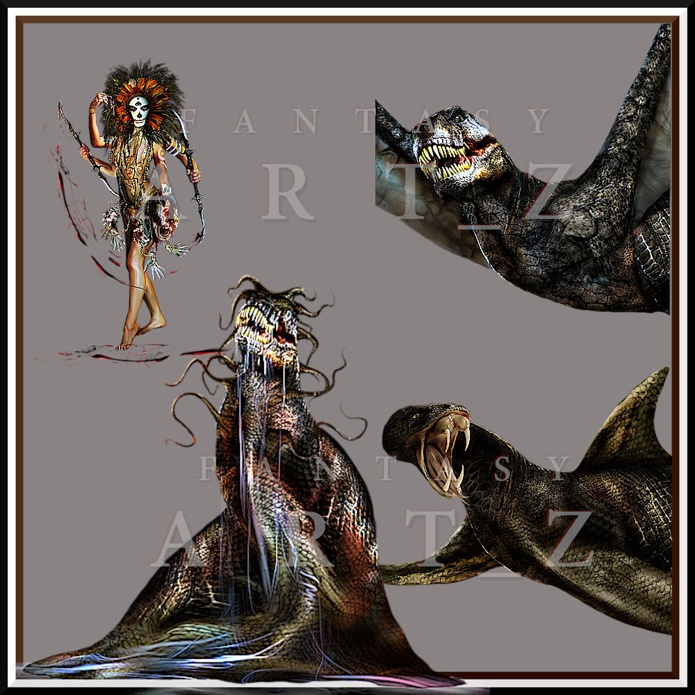 Four fantasy creatures: tribal warrior with feathered headdress and weapons, tentacled sea monster, crocodilian beast, and serpent with fangs