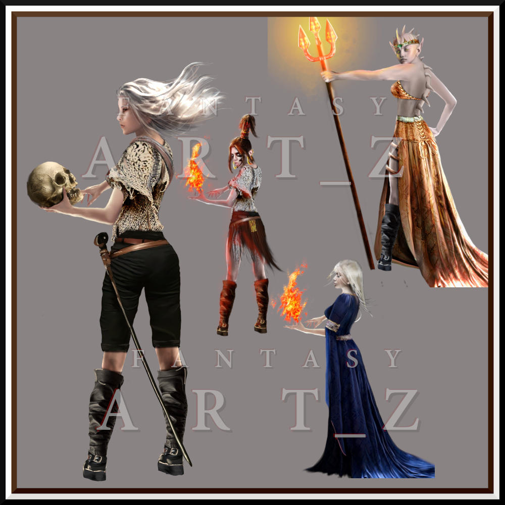 Fantasy character art collection showing diverse female warriors and mages with magical fire effects, weapons, and elaborate costumes