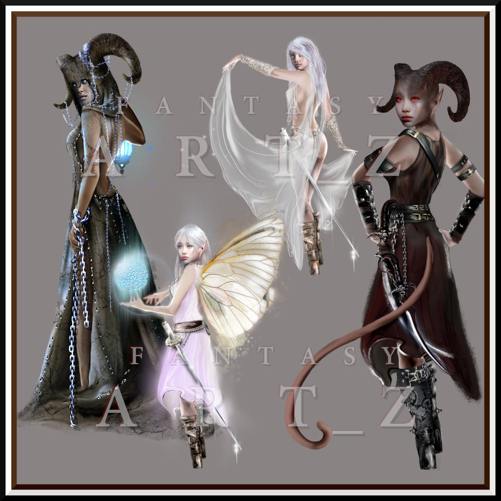 Fantasy character art featuring demonic and angelic beings with horns, wings, chains, and mystical energy orbs