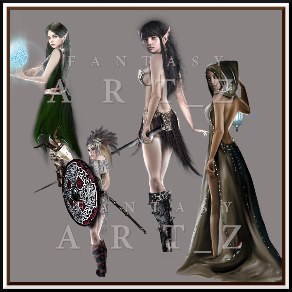 Fantasy character art collection featuring elves, warriors, and mages with pointed ears, ornate shields, flowing robes, and magical energy effects