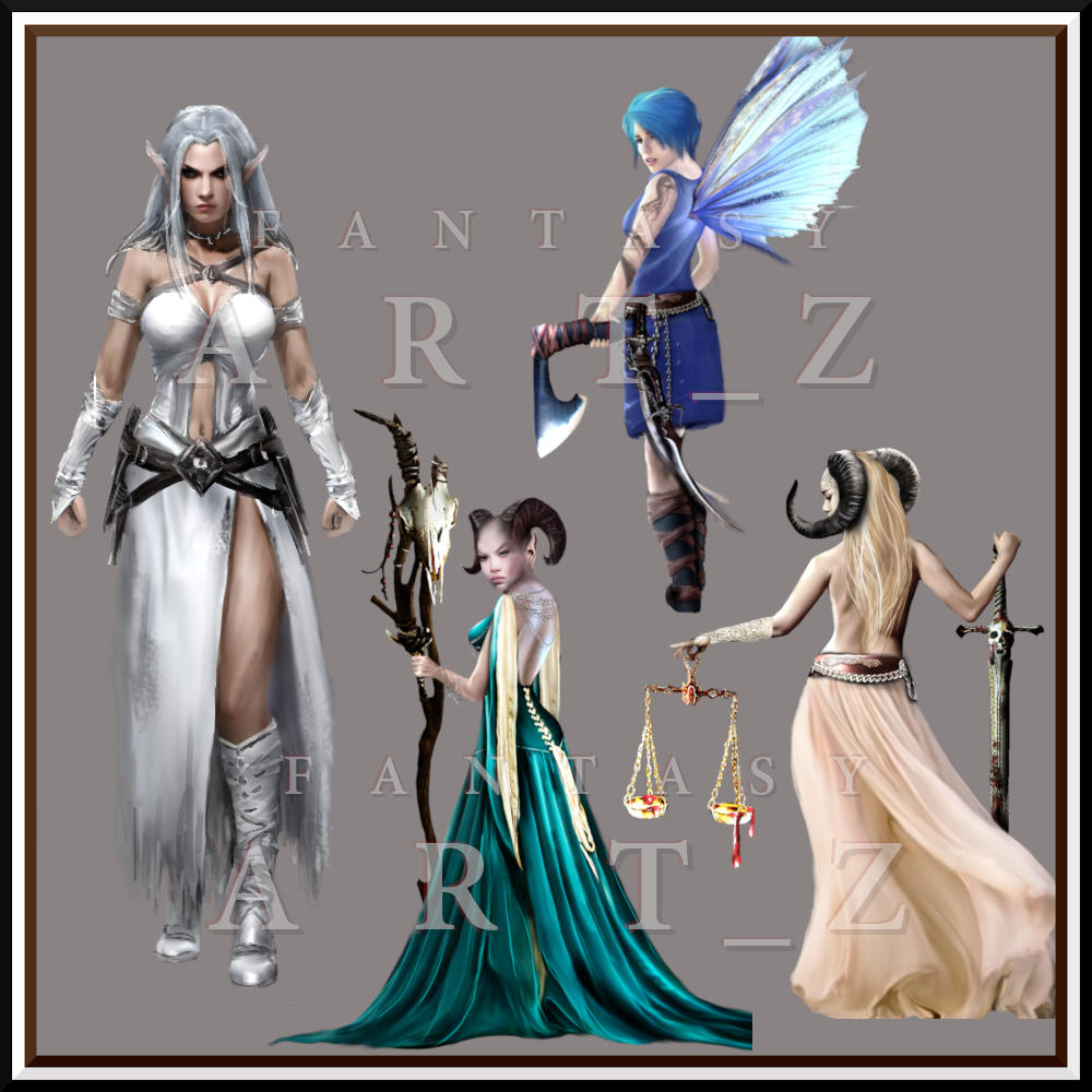 Fantasy character art pack featuring armored warriors, winged fairy, and mythical beings with horns, scales of justice, and ornate weapons