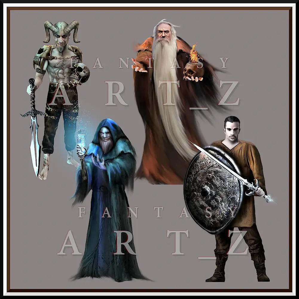 Fantasy male character art collection featuring demonic warrior with horns, wise wizard with long beard, hooded sorcerer, and armored knight with ornate shield