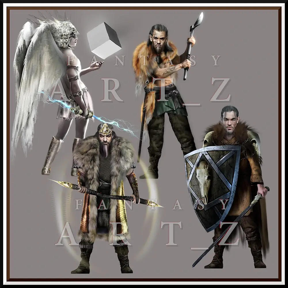 Fantasy male character art pack featuring winged angel warrior with electric sword, barbarian with spear, crowned king with ornate staff, and armored shield bearer