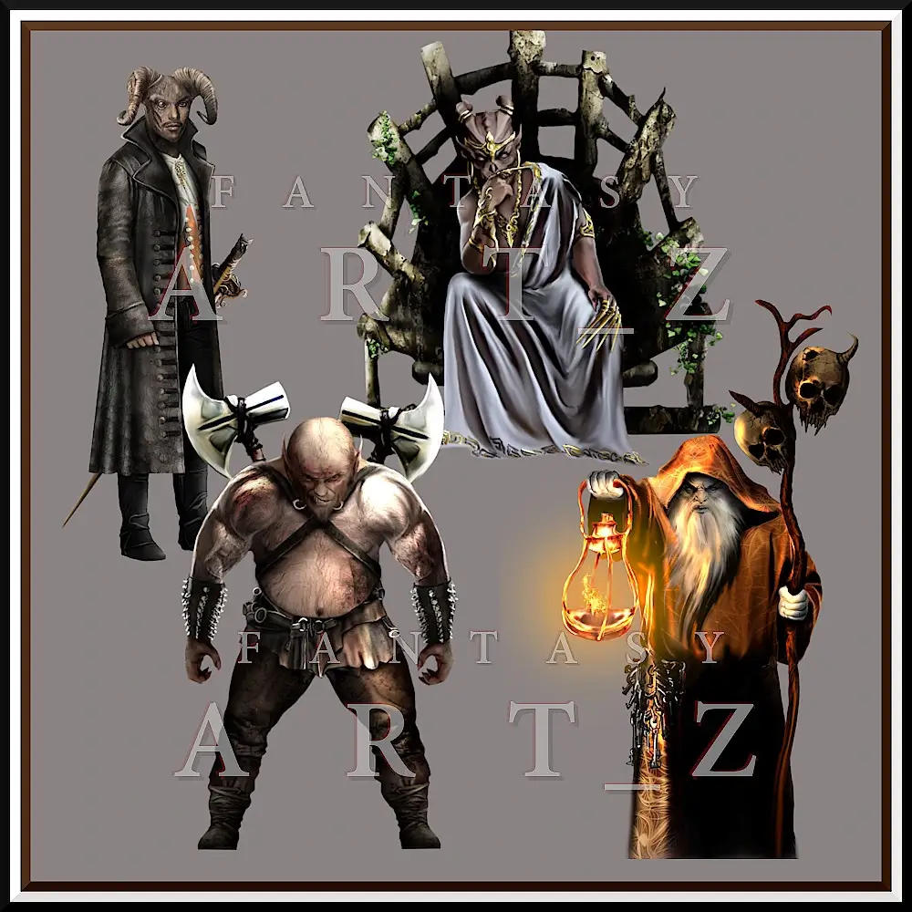 Fantasy male character art collection featuring dark villains including horned demon in coat, skeletal king on bone throne, muscular executioner with axes, and hooded sorcerer with lantern