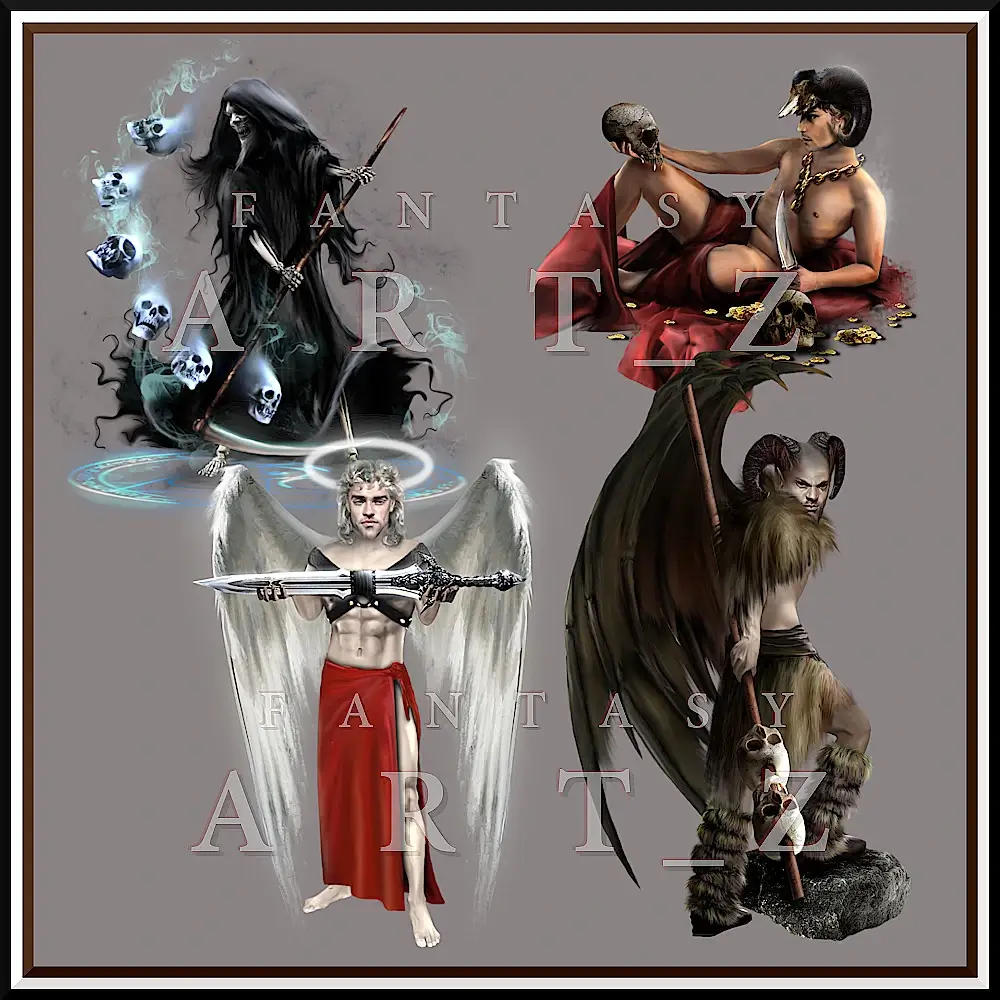 Fantasy male character art pack featuring grim reaper with floating skulls, seated warrior with skull prop, winged angel with halo and sword, and horned satyr with fur legs