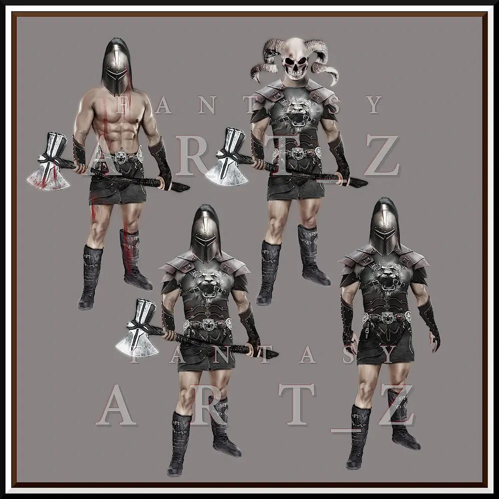 Four armored fantasy warriors with helmets and battle axes in dark medieval-style armor