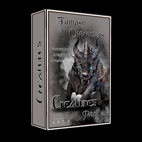 Fantasy dragon creature with horns and glowing blue eyes on stormy background - Fantasy Characters Creatures Pack 1 cover art
