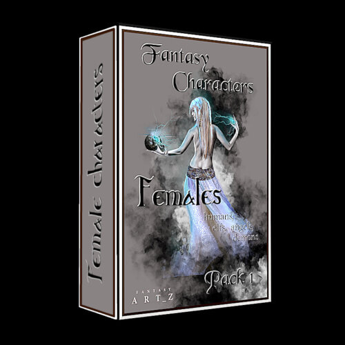 Fantasy female character art pack featuring magical beings including humans, elves, angels, and demons with ethereal lighting effects