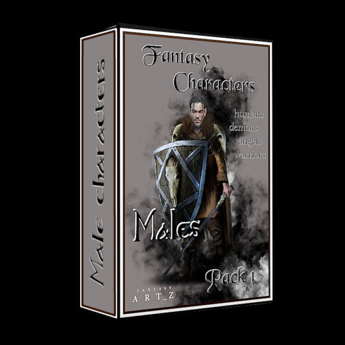 Fantasy male character art pack featuring armored warrior with shield and sword in smoky battlefield setting