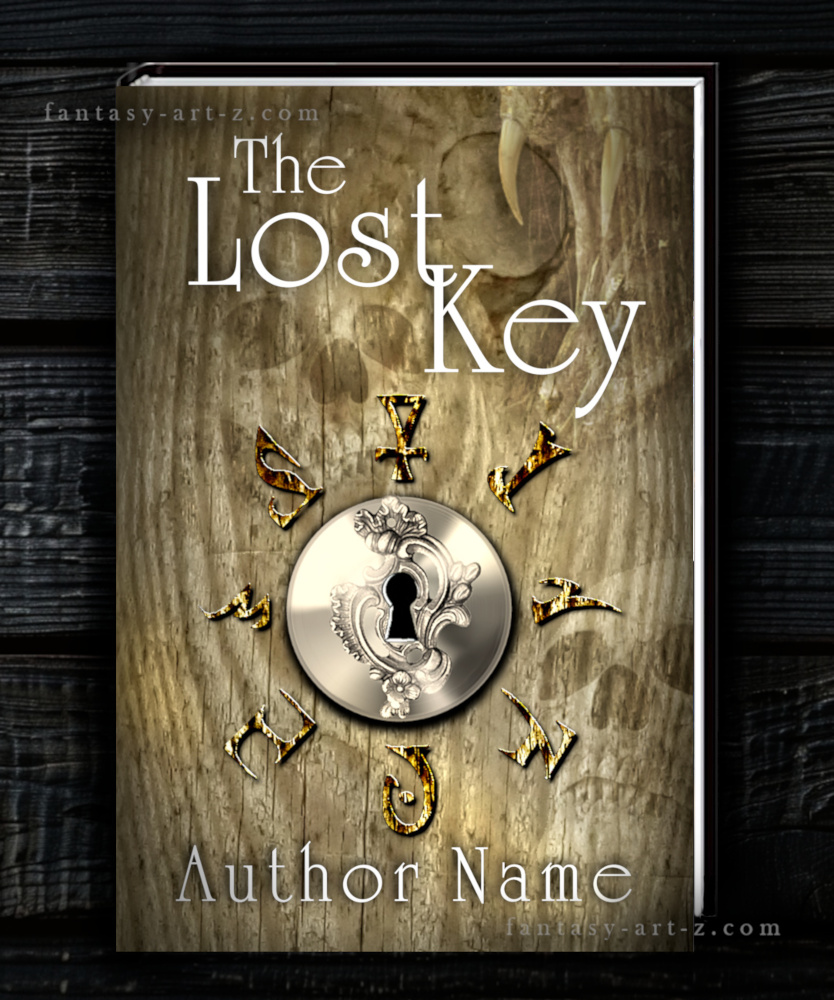 Premade book cover for 'The Lost Key' showing an ornate silver keyhole escutcheon centered on weathered wood, surrounded by decorative runic or mystical symbols in gold