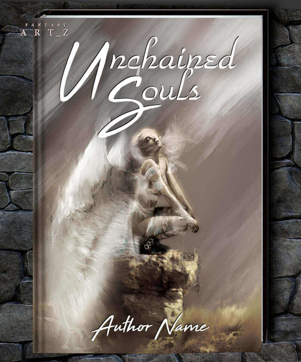 Fantasy book cover showing angelic figure with white wings and halo sitting on rocky cliff in ethereal light