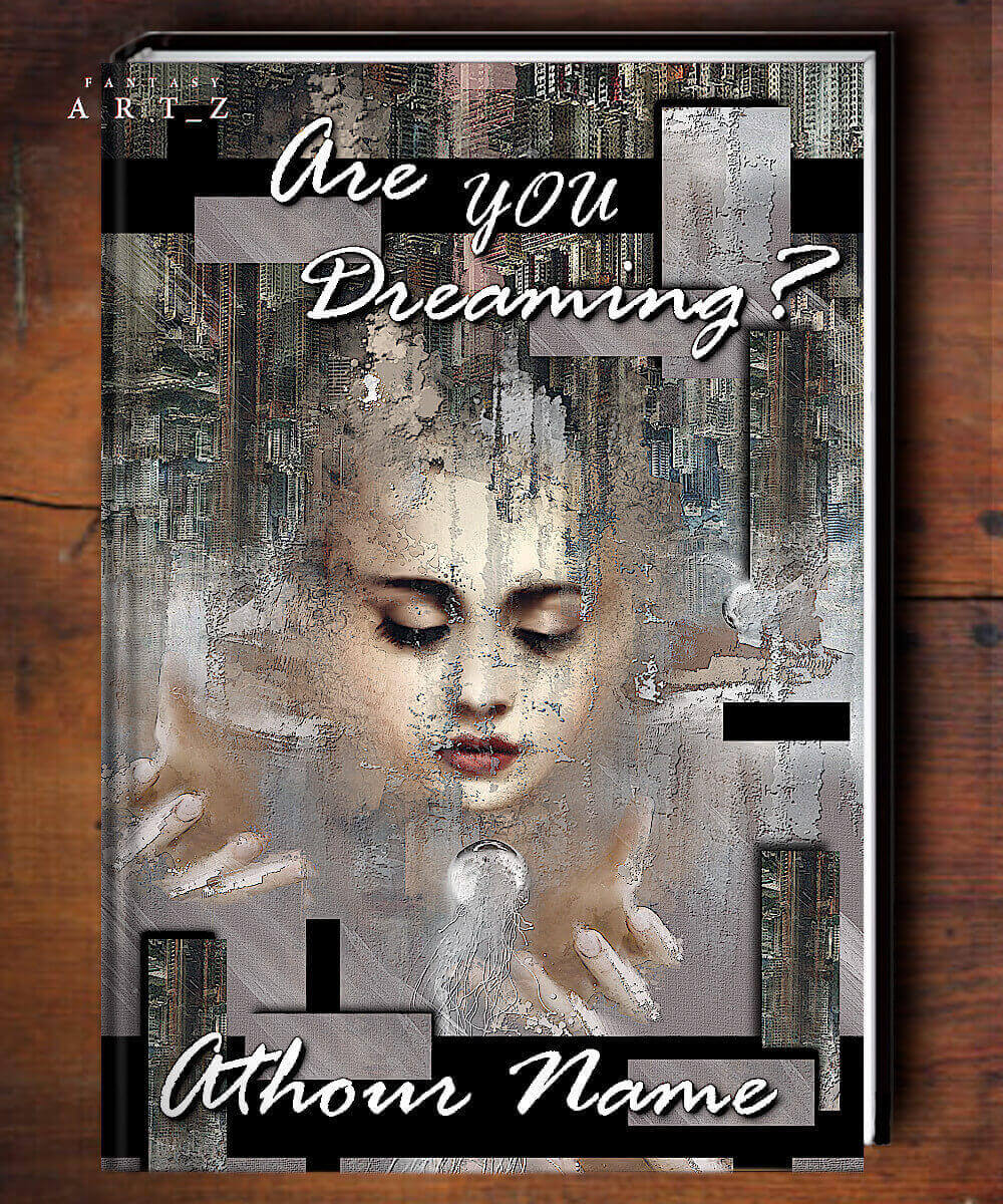 Premade book cover design featuring woman portrait with glitch effects, 'Are you Dreaming?' title text, and customizable author name placeholder