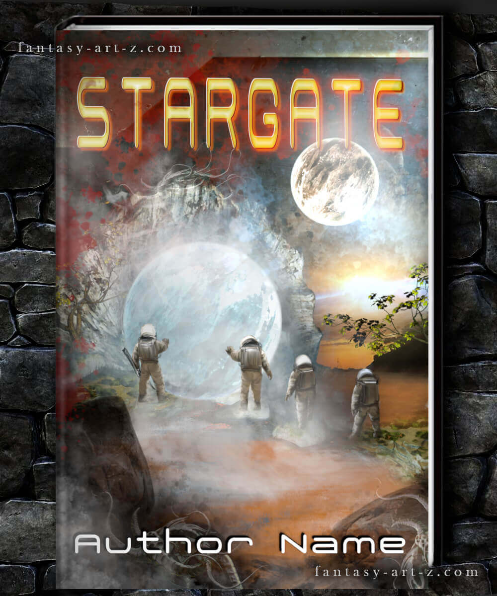 Premade sci-fi book cover showing four astronauts in spacesuits exploring an alien cave with glowing portal and mysterious tentacled creatures overhead
