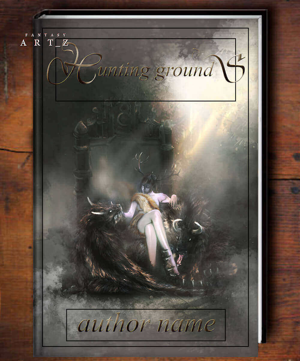Dark fantasy book cover featuring woman on the throne with two creatures nearby in atmospheric dungeon setting with dramatic lighting