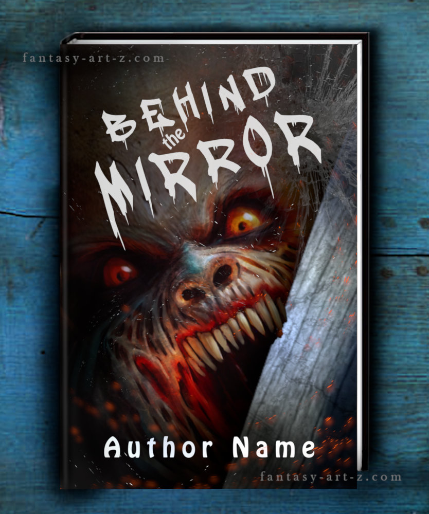 Horror book cover design titled Behind the Mirror featuring a demonic creature with sharp teeth