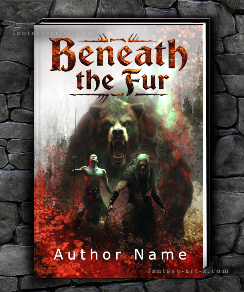 Premade book cover titled Beneath the Fur featuring a roaring bear looming over two dark fantasy warrior figures in a blood-red misty forest