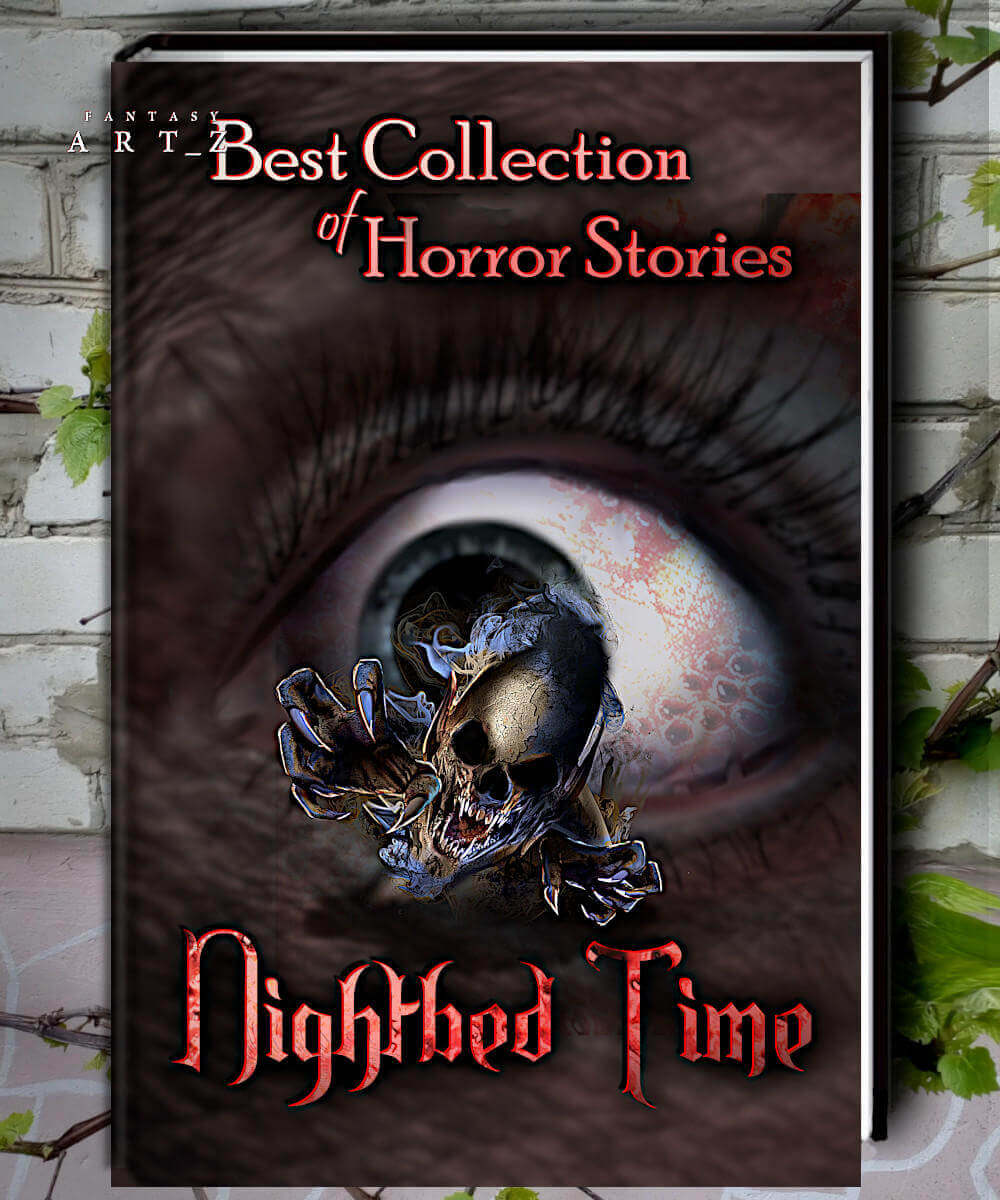 Best Collection of Horror Stories book cover featuring skull emerging from giant eyeball with eyelashes and dark atmospheric background