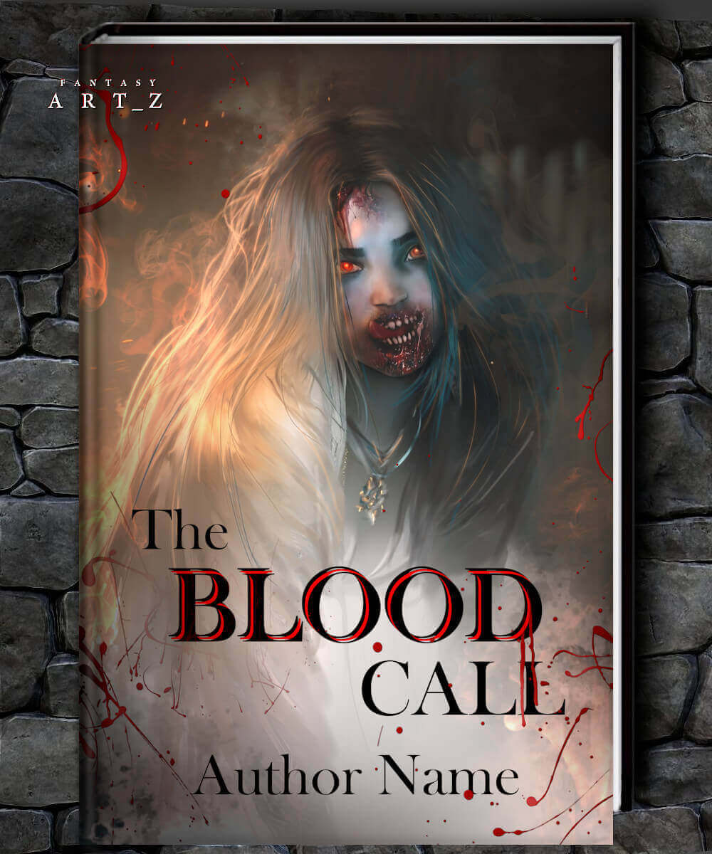 Horror fantasy book cover featuring zombie blonde woman with fangs and glowing red eyes surrounded by blood splatter effects