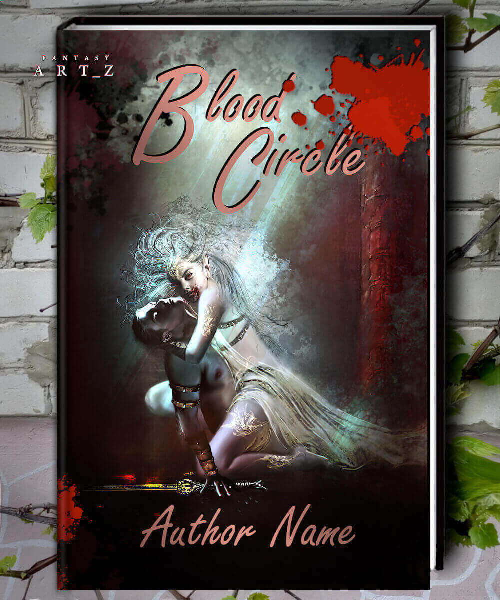 Dark fantasy book cover featuring vampire over the man and blood splatter effects in moody atmosphere