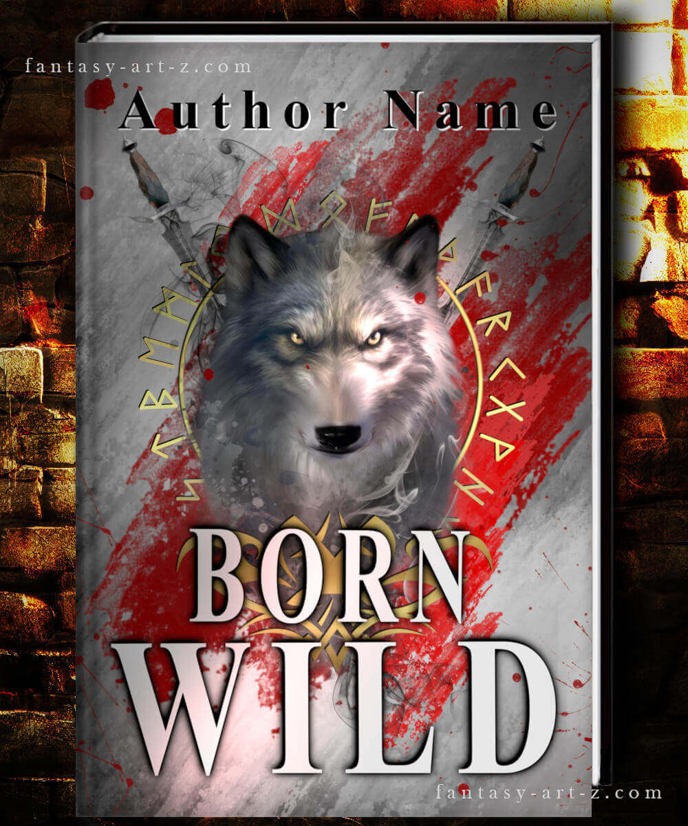 Born Wild fantasy book cover featuring wolf head with golden runes, crossed swords, and red blood splatter on gray background
