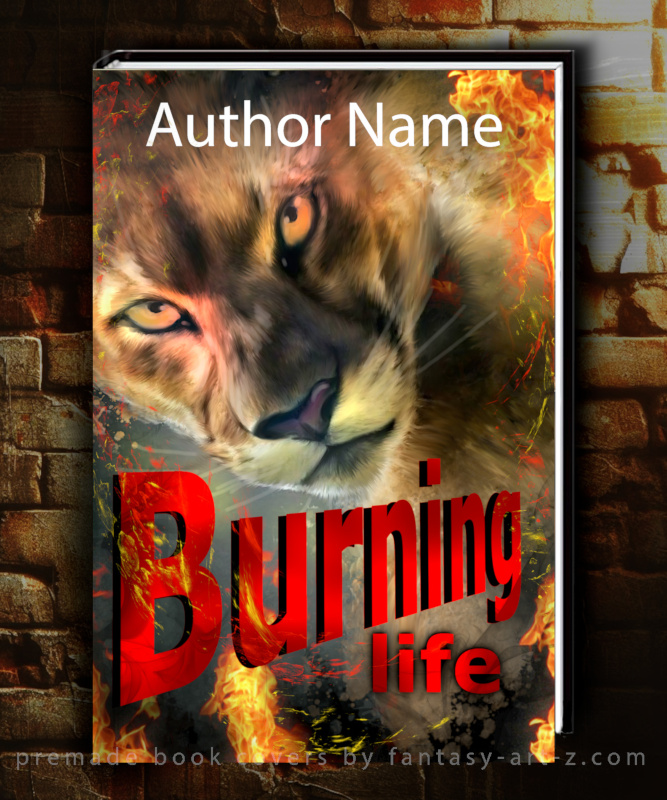Premade book cover featuring puma's head with piersing eyes surrounded by flames