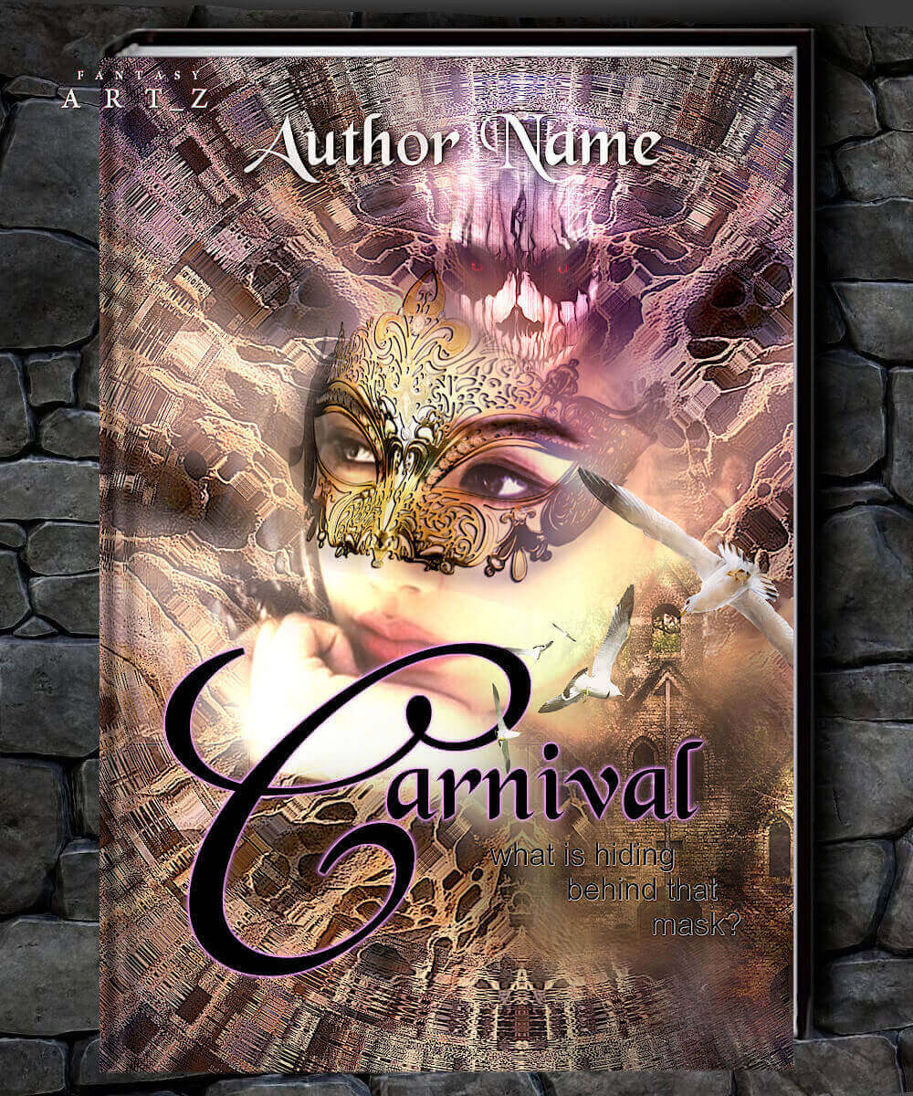 Fantasy premade book cover design featuring ornate golden mask, mysterious woman's face, and gothic architecture with Carnival title