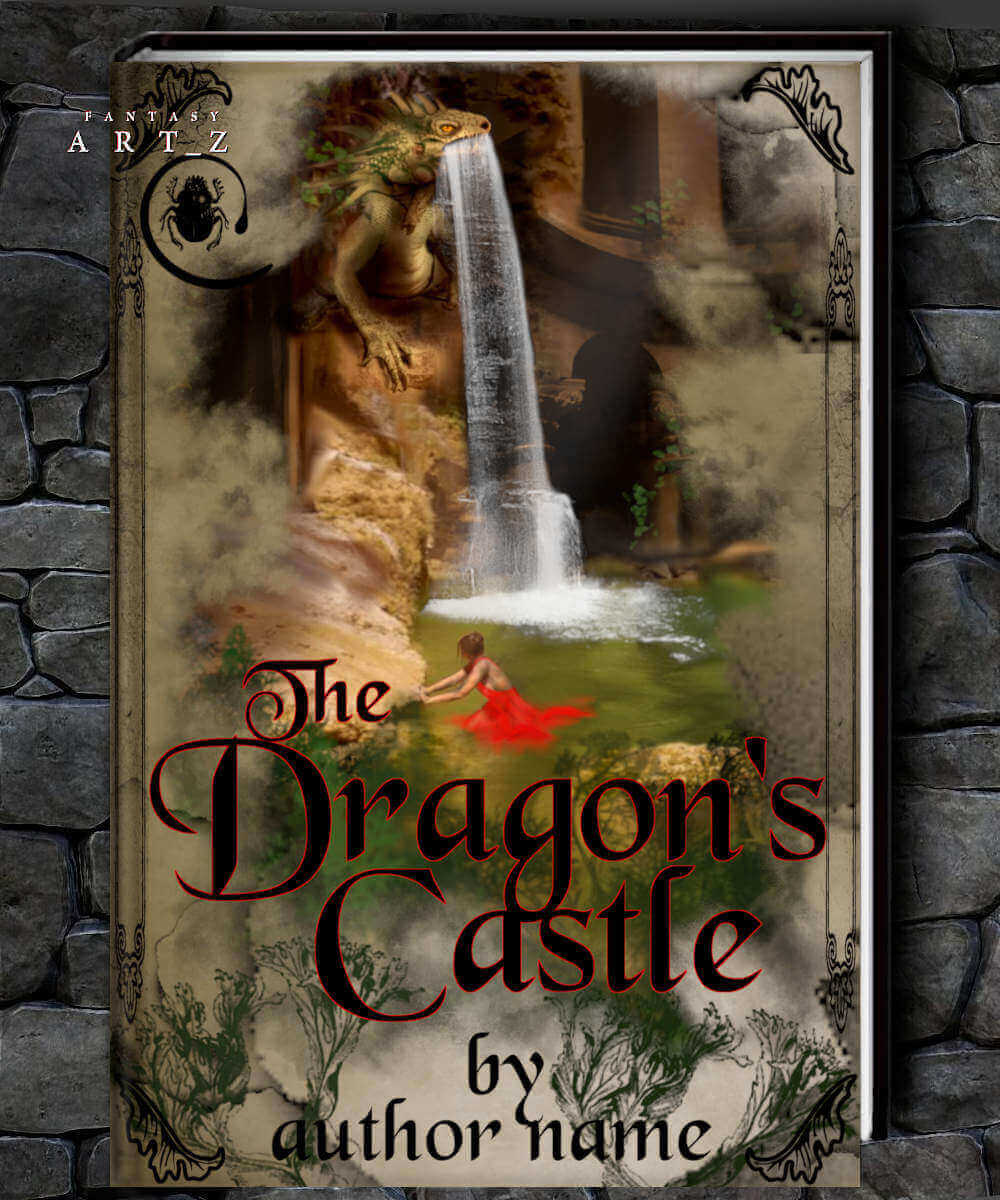 The Dragon's Castle fantasy book cover featuring waterfall scene with woman in red dress and stone frame border with dragon motifs