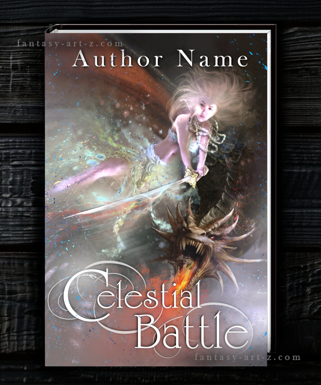 Epic fantasy book cover featuring mystical female warrior holding sword surrounded by magic and lightning effects in stormy atmosphere fighting with dragon