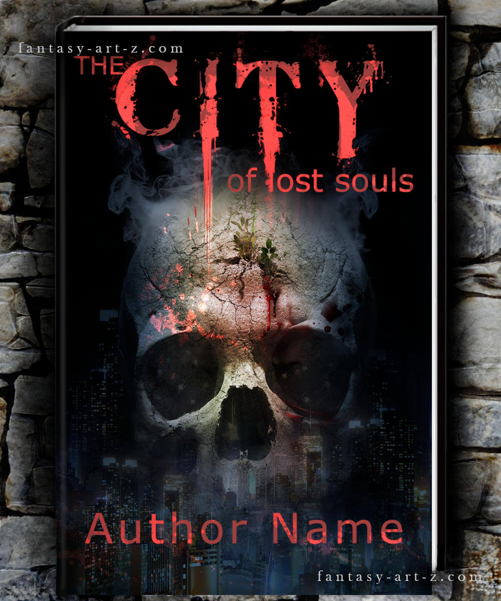 The City of Lost Souls horror book cover featuring giant skull with plant growing from eye socket over dark cityscape with blood splatter