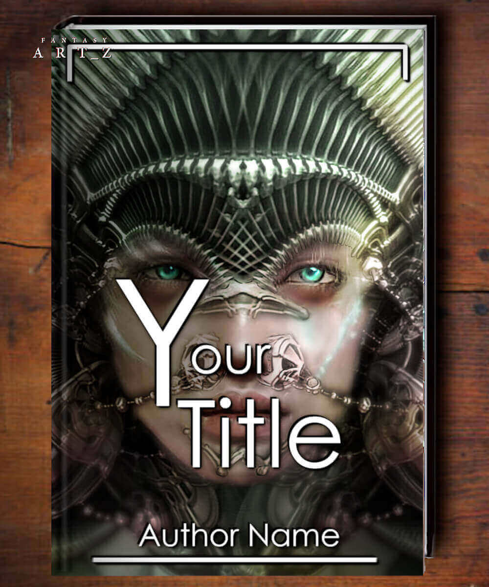 Premade fantasy book cover featuring woman with elaborate metallic headdress and turquoise eyes