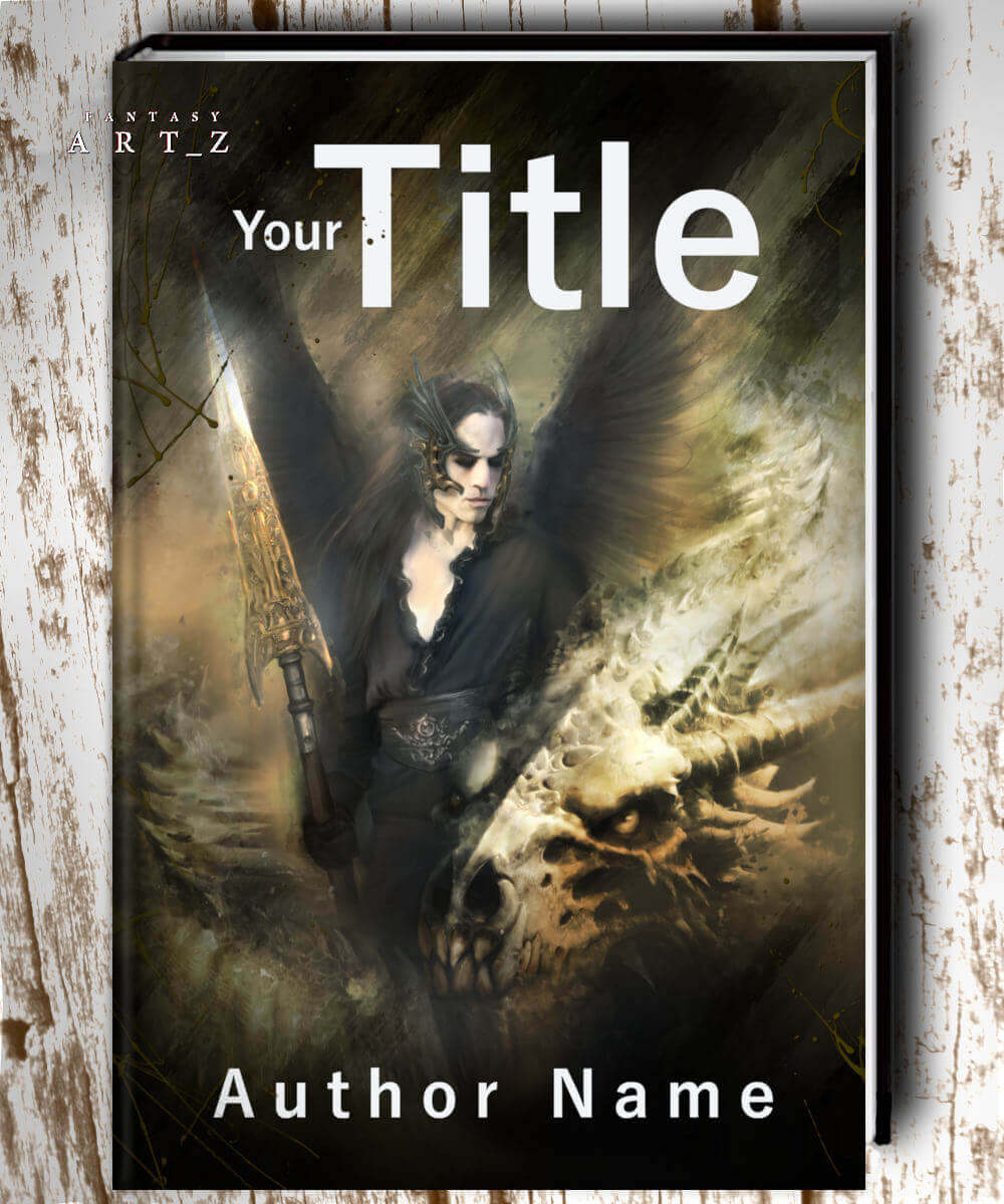 Dark fantasy book cover featuring winged warrior woman with spear standing near the dragon in atmospheric moody setting