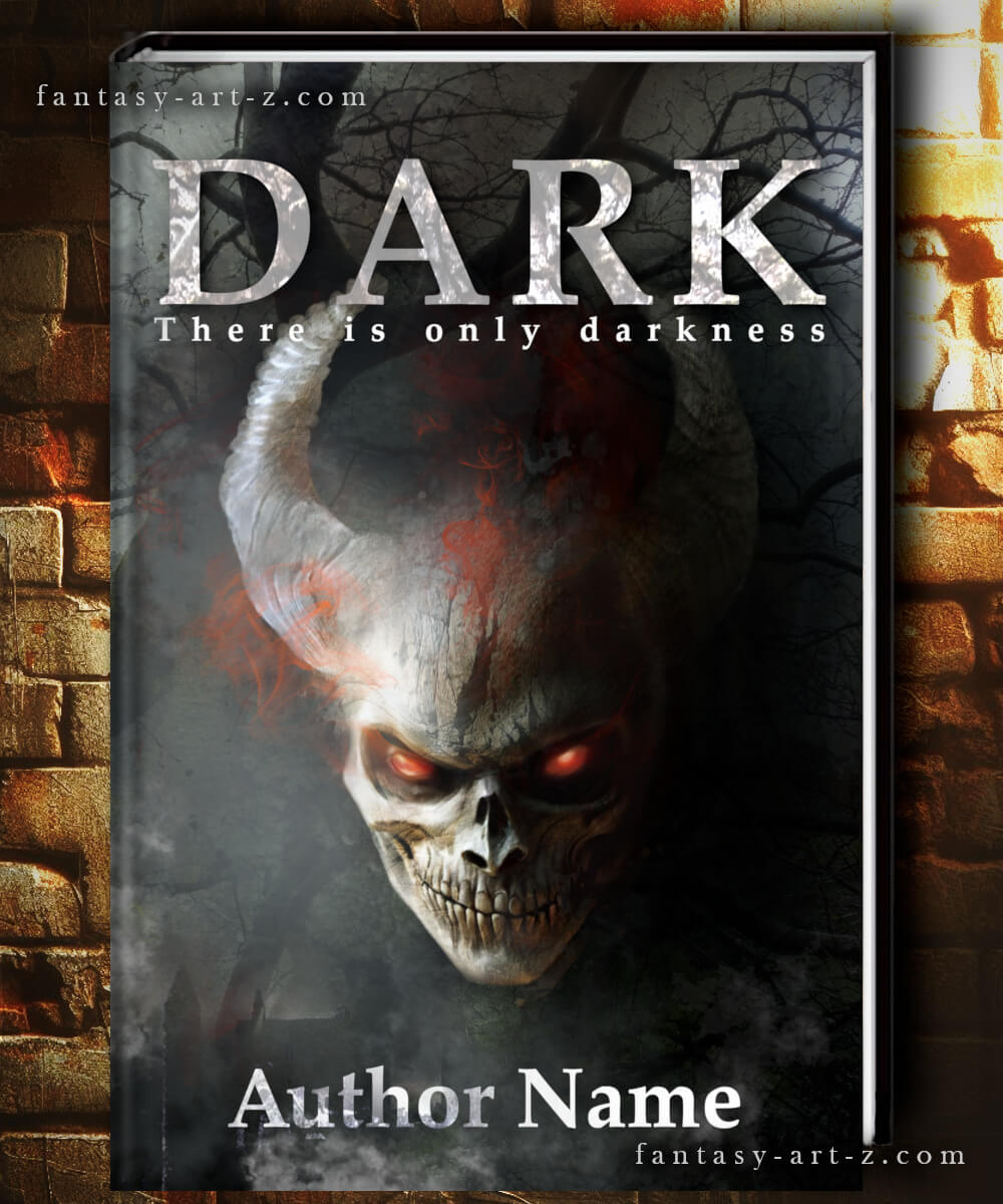 Dark horror book cover featuring demonic skull with glowing red eyes, horns, and cracked stone texture background