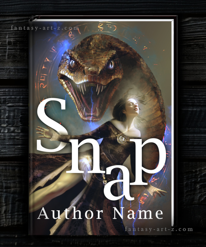 Premade book cover titled 'Snap' featuring a realistic giant serpent head with bared fangs hovering over a young woman in a medieval dress with a glowing blue and orange magical rune circle in the background