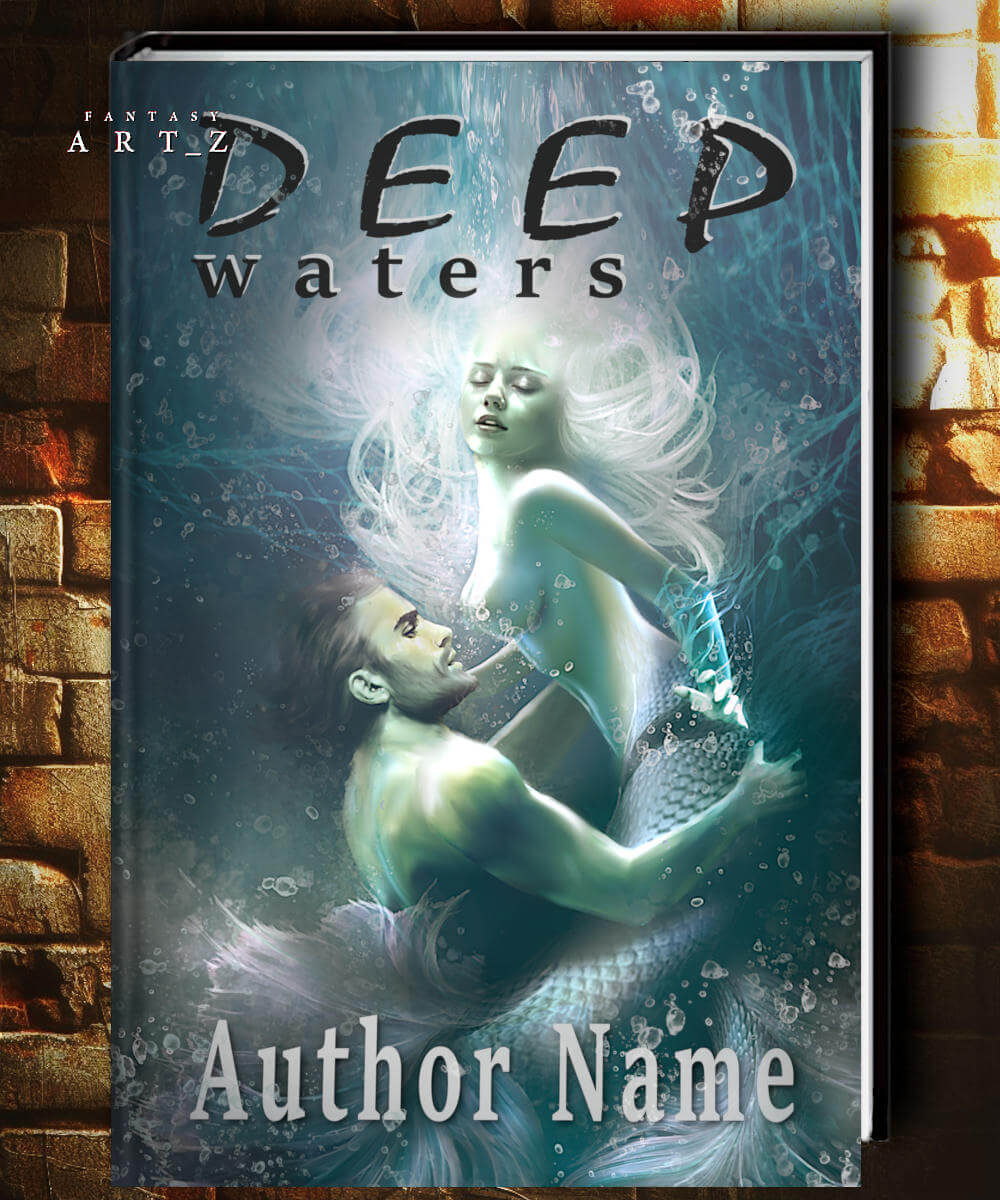 Fantasy book cover featuring underwater mermaid and merman embrace with flowing white hair, deep blue waters, and mystical lighting - premade cover design