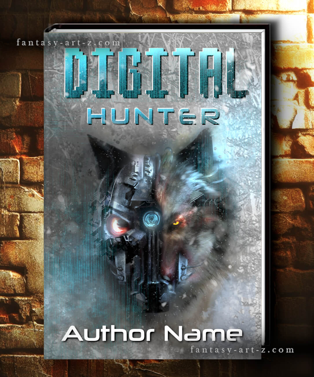 Premade fantasy book cover featuring wolf with cybernetic eye implant and red glowing technology