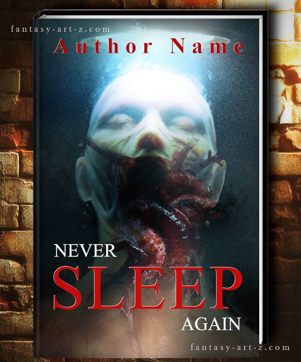 Never Sleep Again horror book cover featuring grotesque creature with tentacles emerging from human mouth on dark atmospheric background