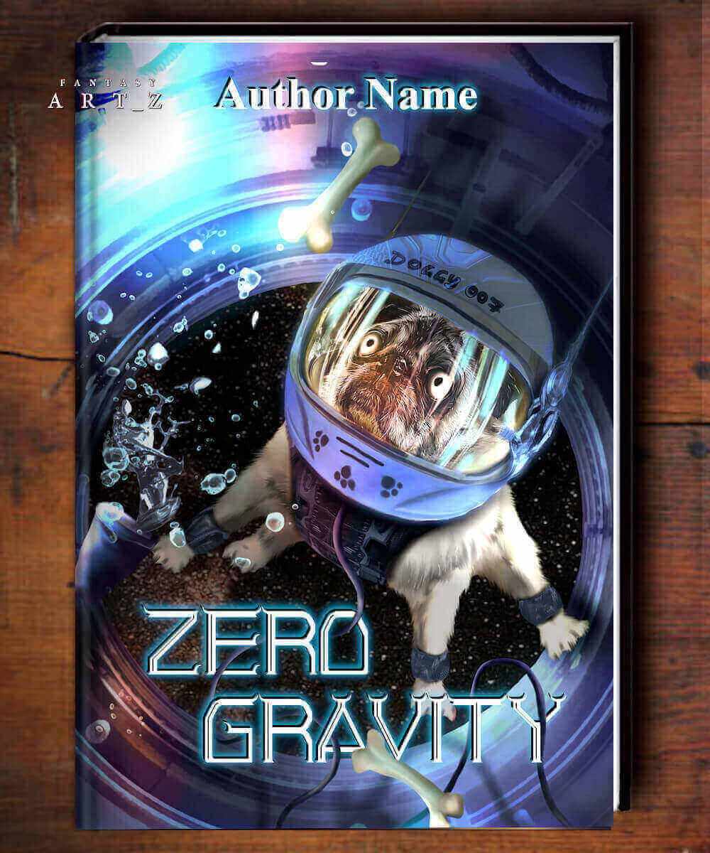 Zero Gravity premade book cover featuring a dog in a space helmet floating in zero gravity with bones and bubbles around it