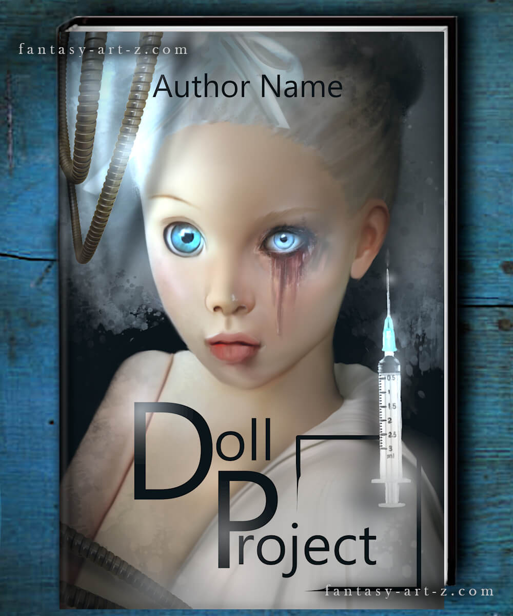 Sci-fi book cover featuring cybernetic doll with glowing blue eyes and medical syringe