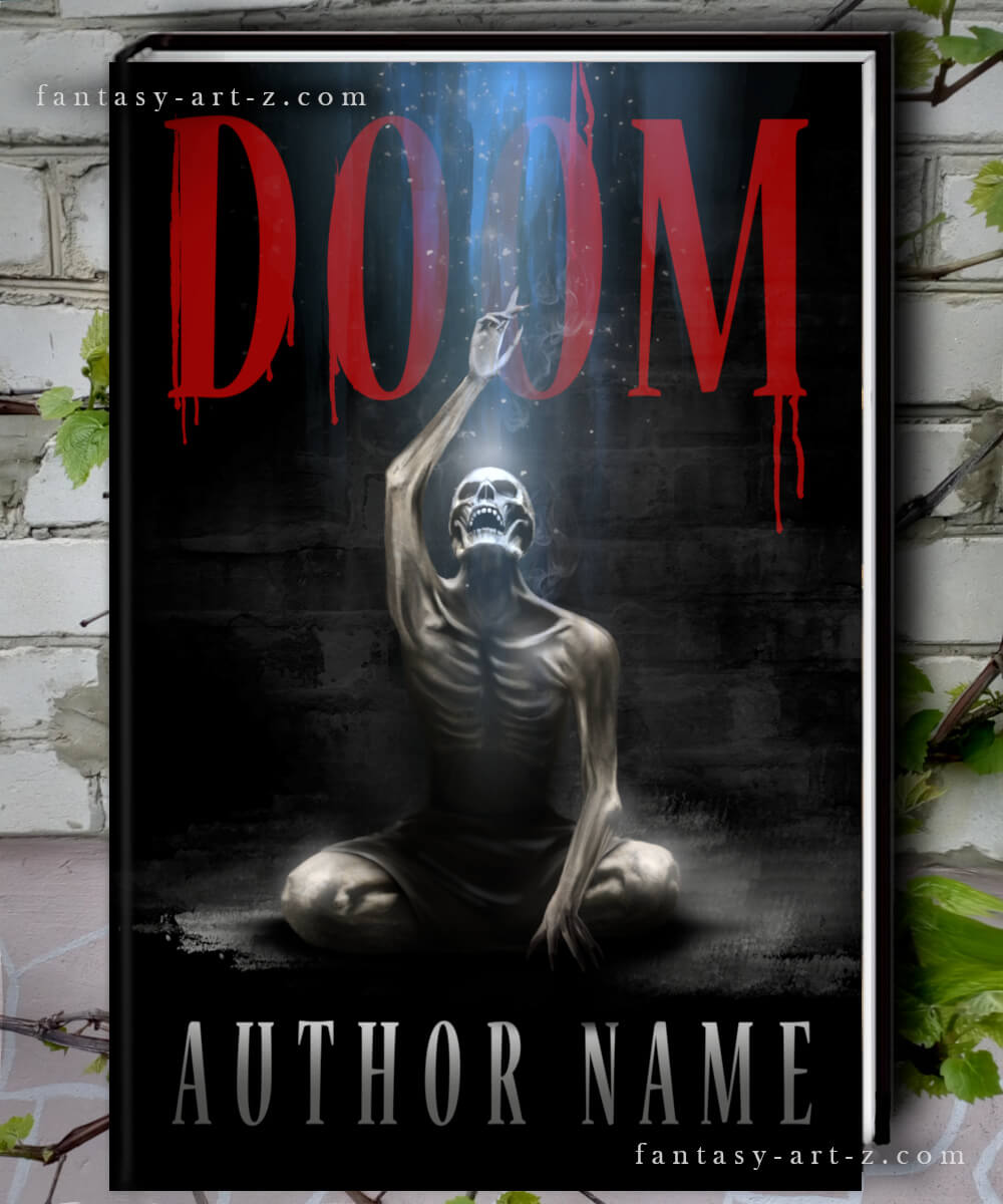 Dark horror book cover featuring skeletal reaper figure with dripping red DOOM text