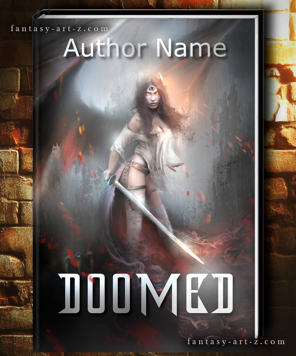 Dark fantasy book cover featuring female warrior with sword in smoky cave setting, dramatic lighting with fire embers and mystical atmosphere - premade cover design