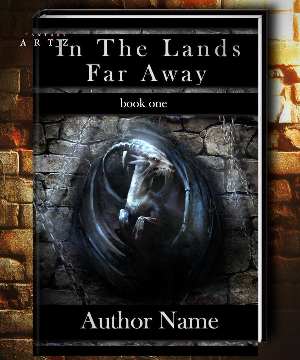 Fantasy premade book cover showing dragon against stone wall background