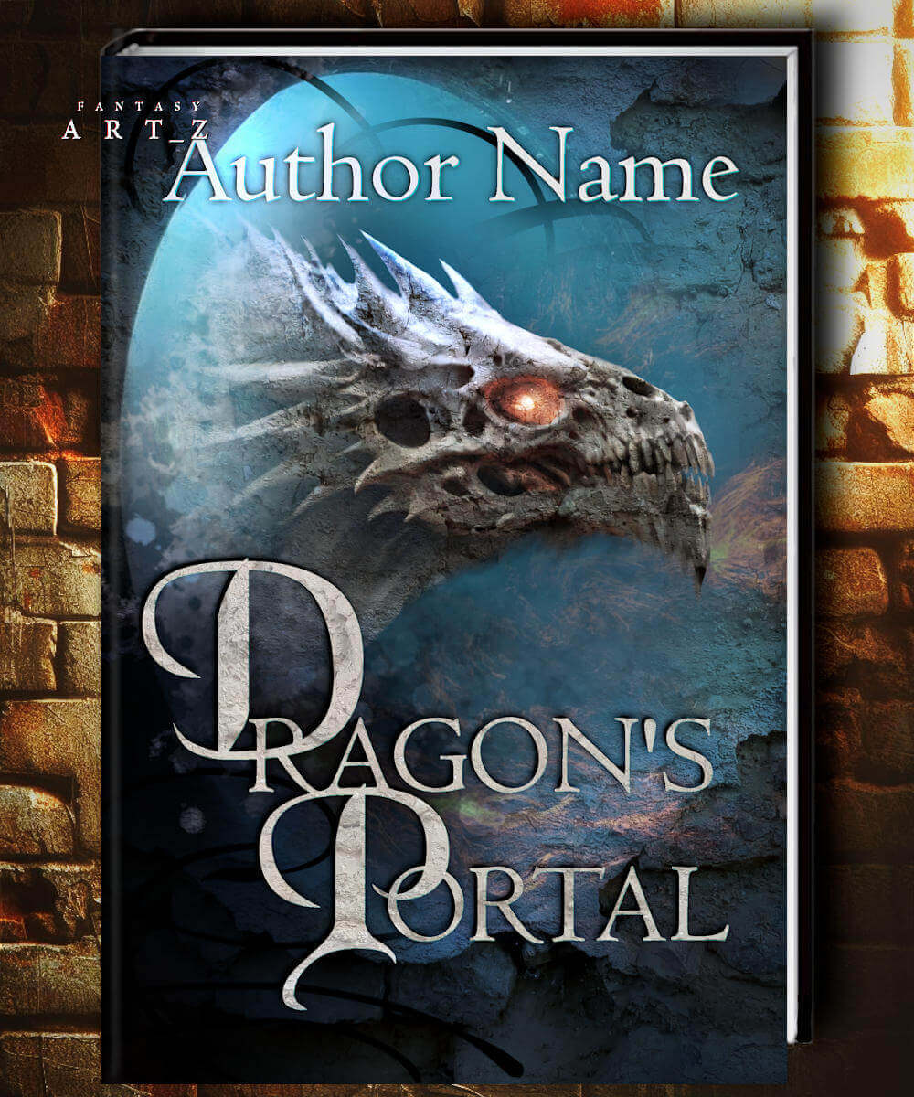 Dark fantasy book cover with ancient dragon skull and mystical blue background