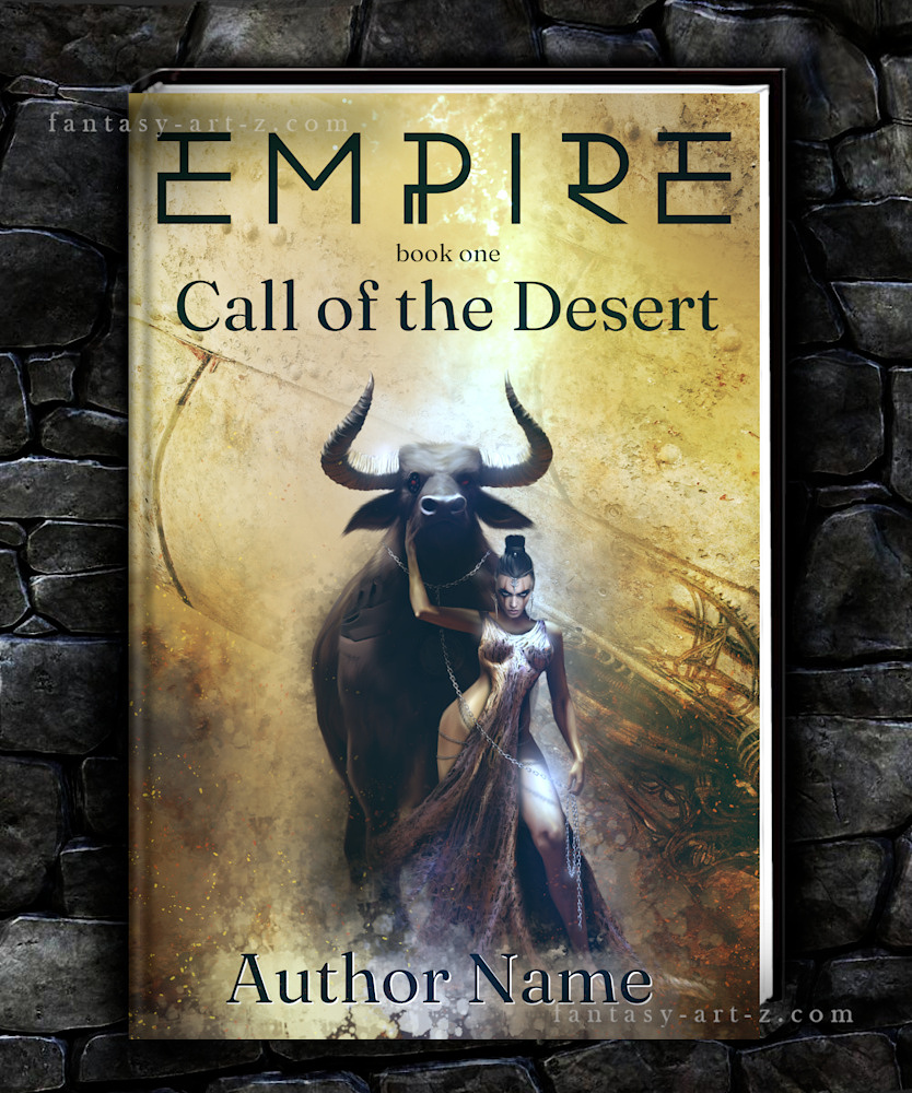 Premade book cover titled Empire: Call of the Desert featuring a fierce woman warrior with a massive cyborg bull against a piece of a brocken spaceship