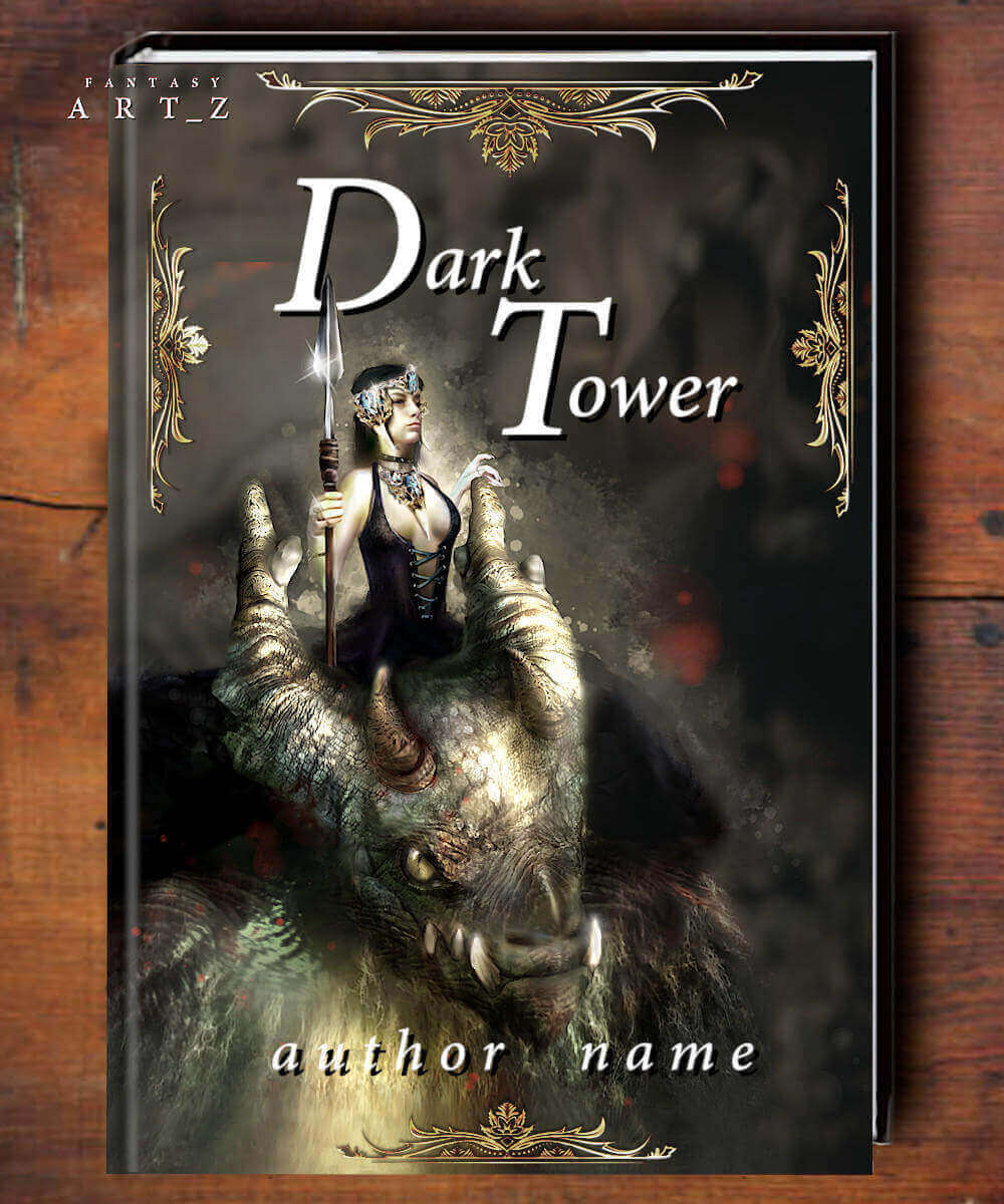 Dark fantasy book cover featuring warrior queen with spear riding massive dragon with ornate golden decorative borders