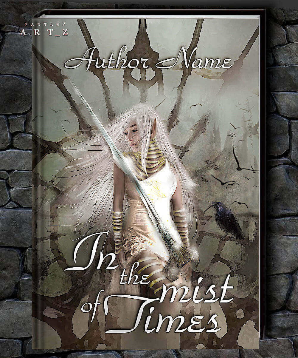 Fantasy book cover featuring white-haired angel warrior with sword against misty apocalyptic background with ravens