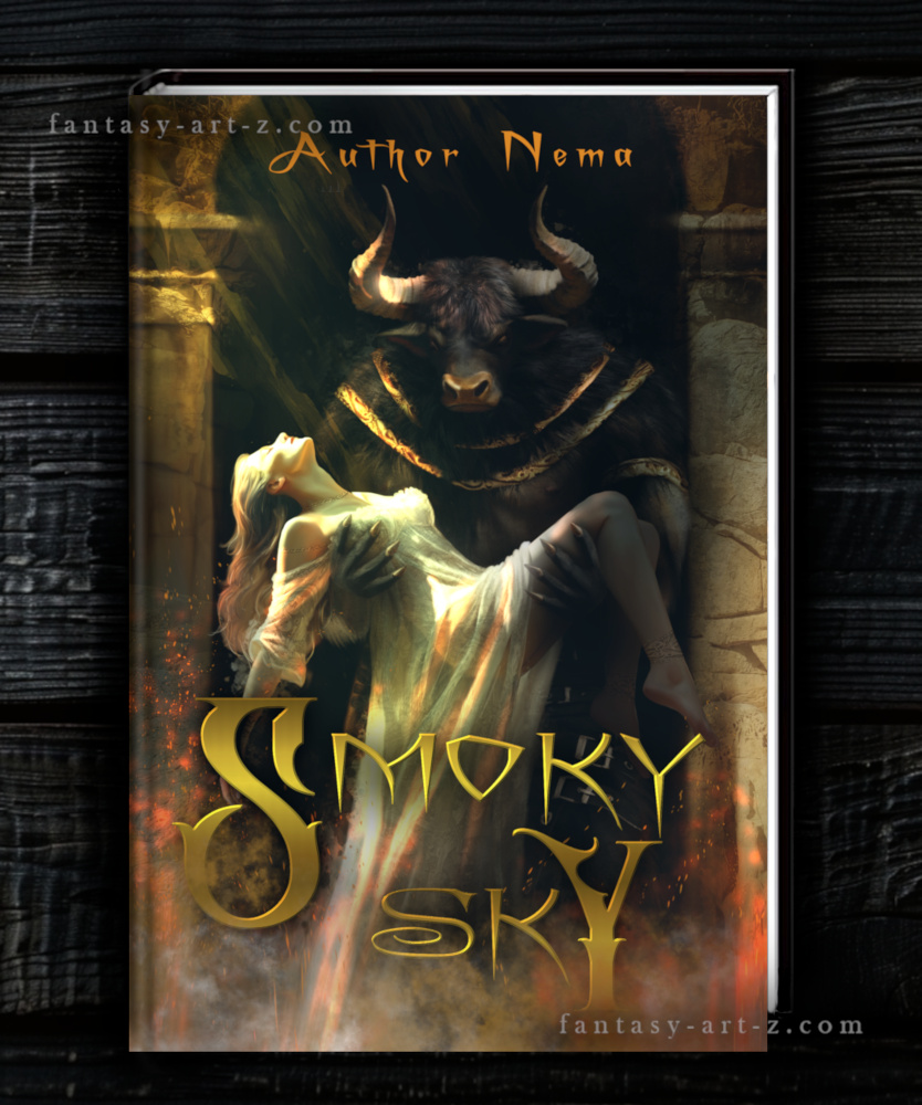 Premade hardcover fantasy book cover displayed against a dark wooden background. The artwork features a large horned minotaur holding a woman in a white dress, with the example title SMOKY SKY written in an elegant golden font.